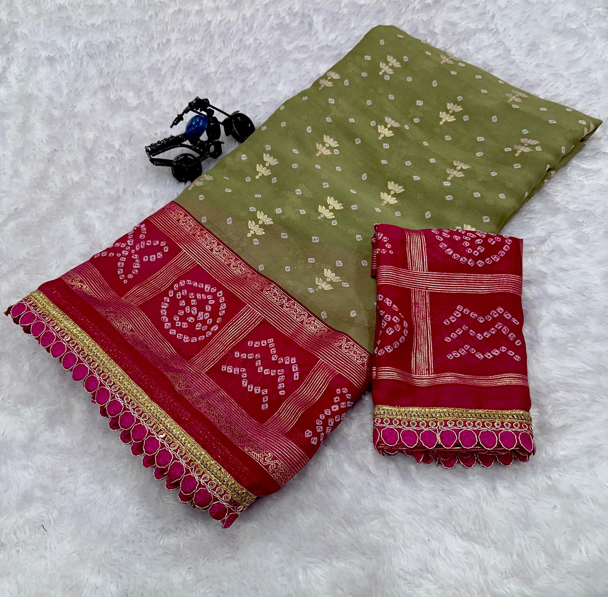 Dull Mosh Fabric Saree with Foil Print & Embroidery Lace Work