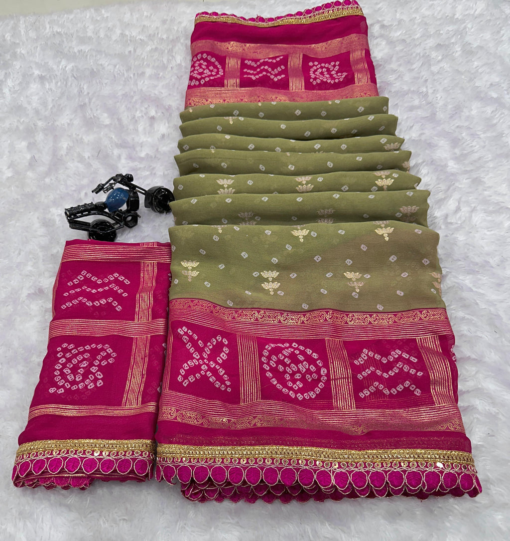 Dull Mosh Fabric Saree with Foil Print & Embroidery Lace Work