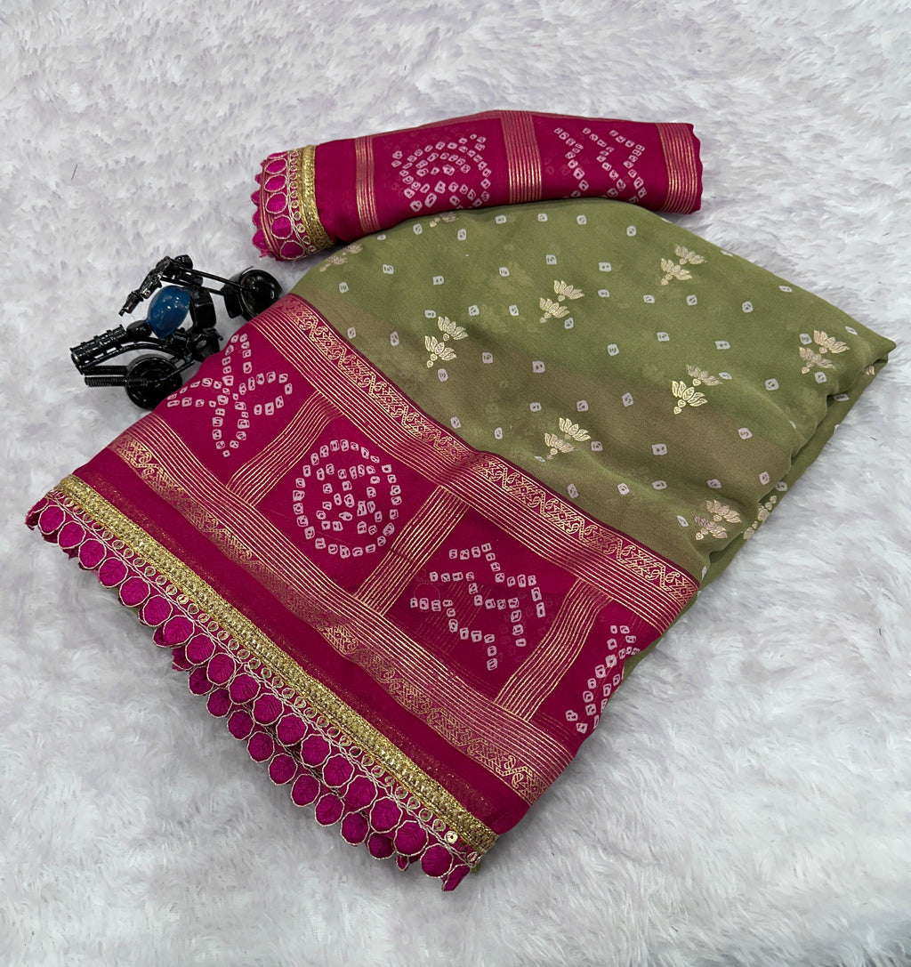 Dull Mosh Fabric Saree with Foil Print & Embroidery Lace Work