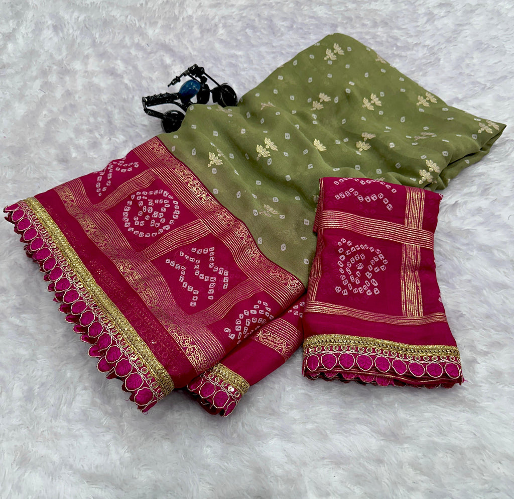 Dull Mosh Fabric Saree with Foil Print & Embroidery Lace Work