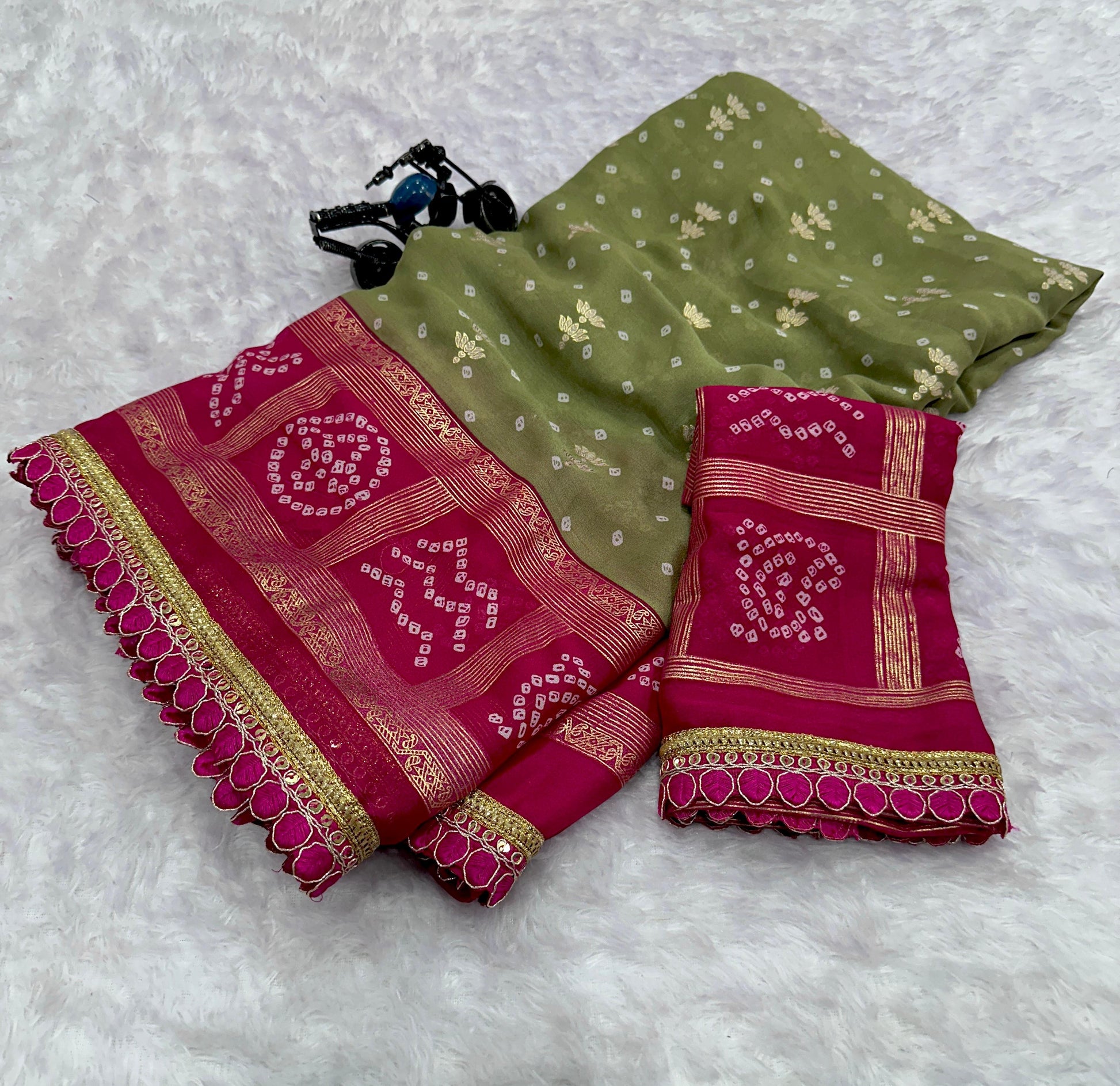 Dull Mosh Fabric Saree with Foil Print & Embroidery Lace Work