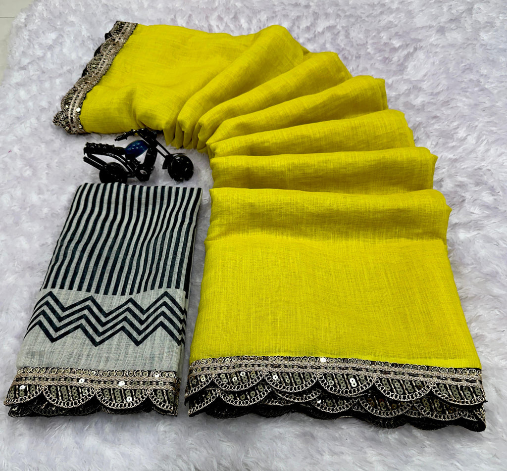 Linen Cotton Digital Print Saree with Foil Print & Embroidery Lace Work