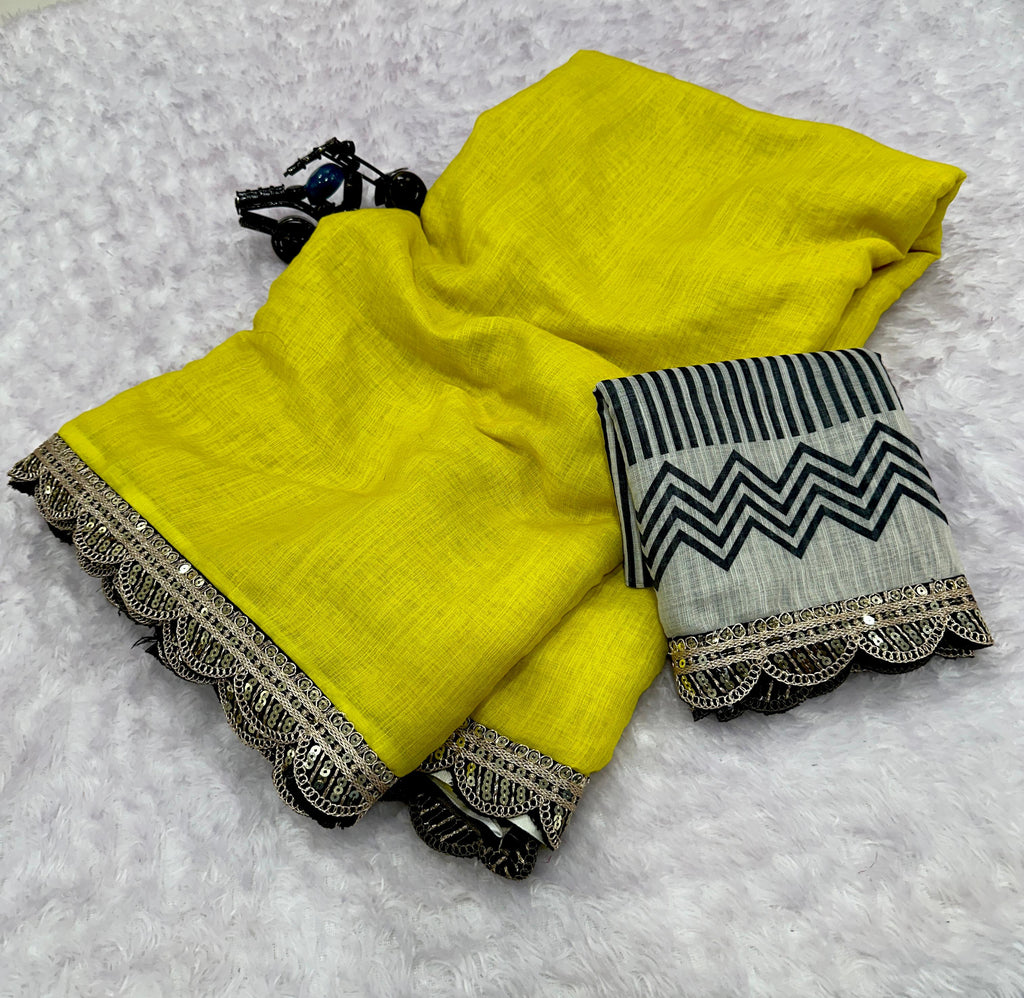 Linen Cotton Digital Print Saree with Foil Print & Embroidery Lace Work
