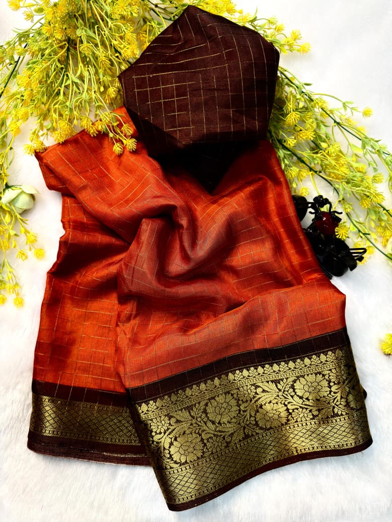 Heavy Zari Checks Saree with Zari Weave Stripes & Viscose Zari Butti Blouse