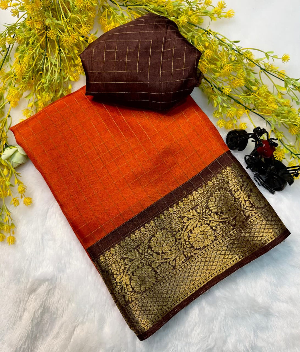 Heavy Zari Checks Saree with Zari Weave Stripes & Viscose Zari Butti Blouse