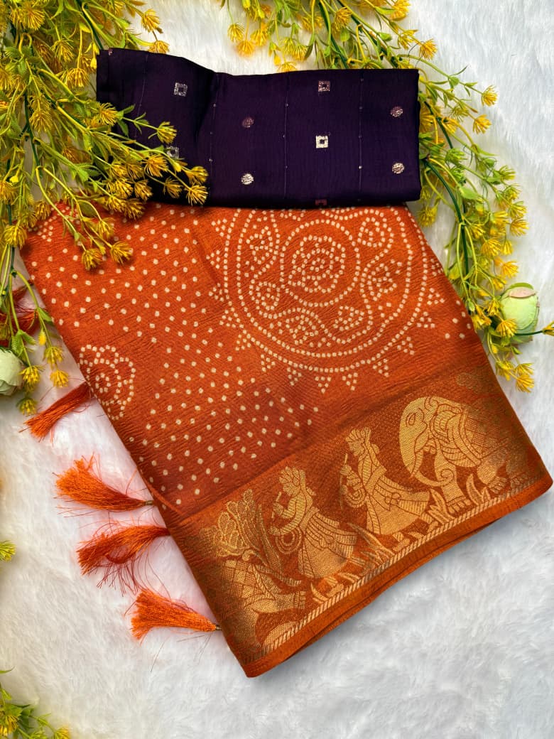 Pure Dola Silk Crushed Lehariya Saree with Original Border & Sequins Blouse