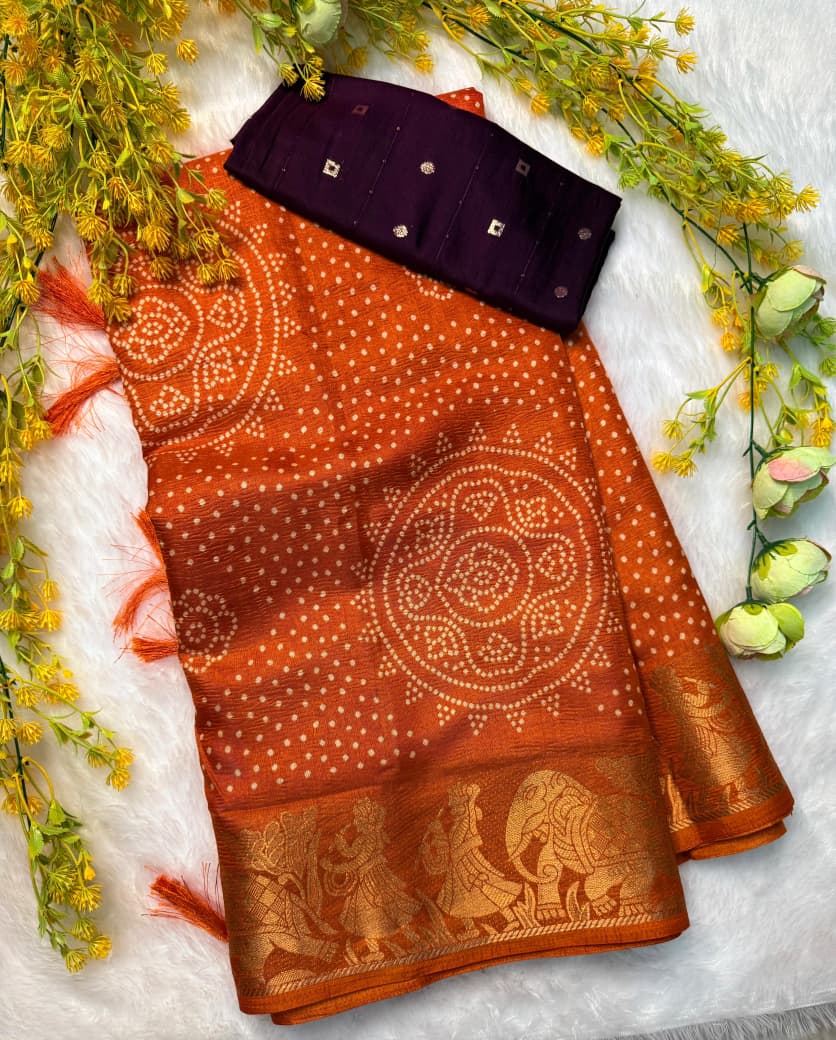 Pure Dola Silk Crushed Lehariya Saree with Original Border & Sequins Blouse