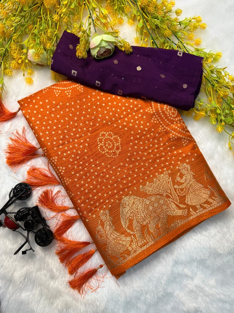 Pure Dola Silk Crushed Lehariya Saree with Original Border & Sequins Blouse