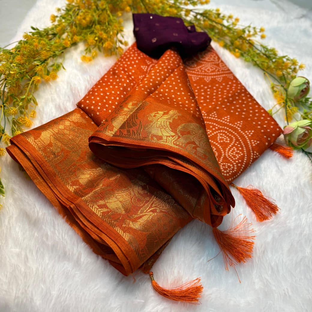 Pure Dola Silk Crushed Lehariya Saree with Original Border & Sequins Blouse