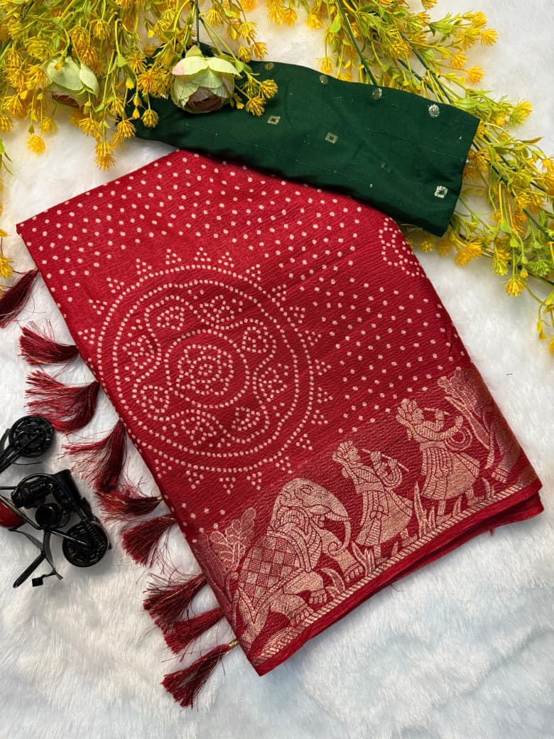 Pure Dola Silk Crushed Lehariya Saree with Original Border & Sequins Blouse