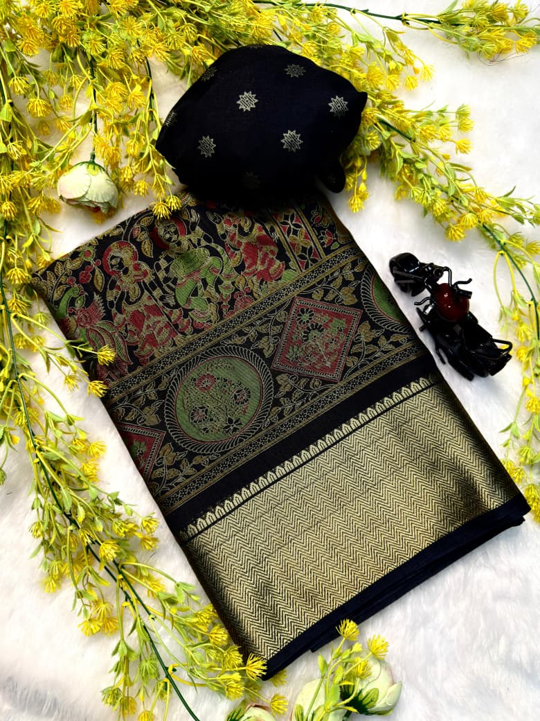 Soft Black Dola Silk Saree with Pen Kalamkari Design & Zari Weaving Hamsa Border