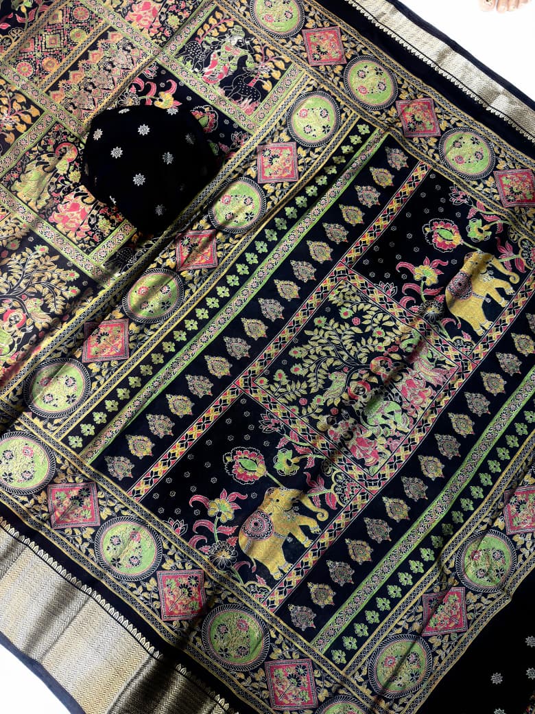 Soft Black Dola Silk Saree with Pen Kalamkari Design & Zari Weaving Hamsa Border