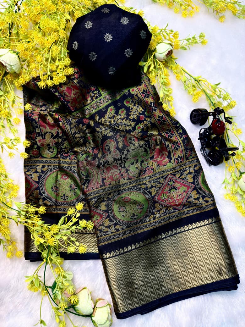Soft Black Dola Silk Saree with Pen Kalamkari Design & Zari Weaving Hamsa Border