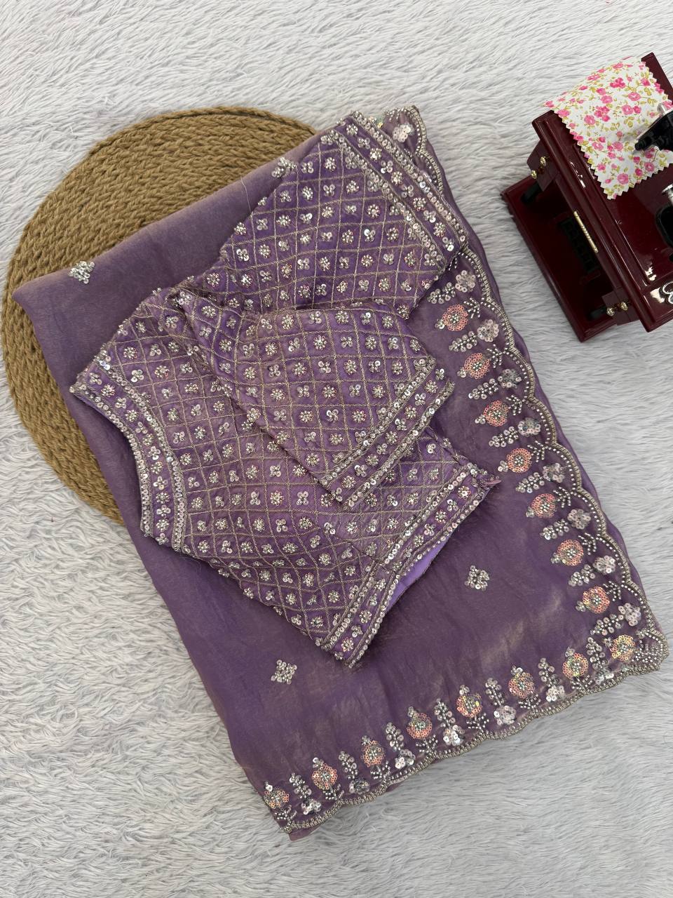 Fendy Silk Saree with Heavy Beads, Thread & Sequins Work