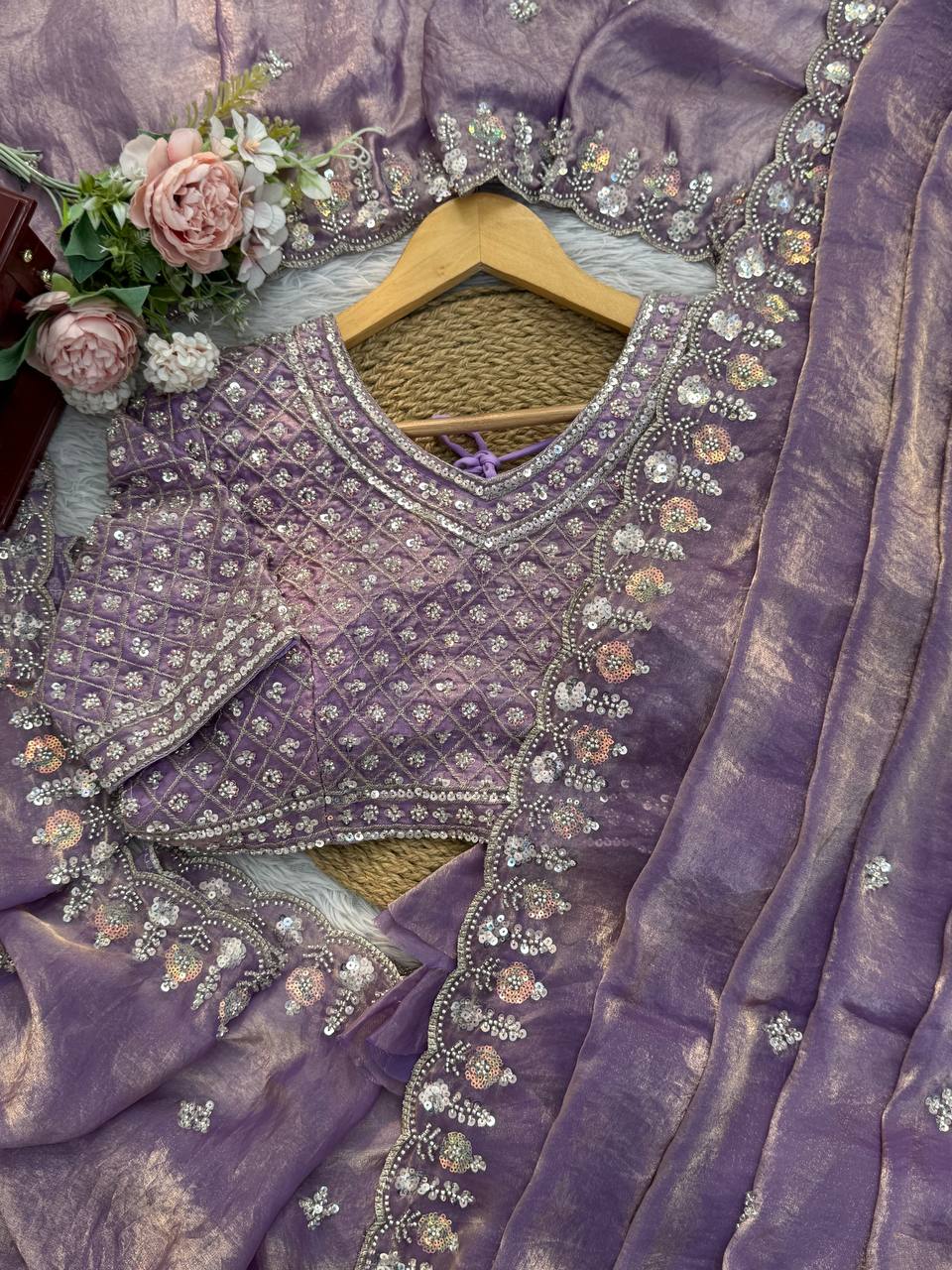 Fendy Silk Saree with Heavy Beads, Thread & Sequins Work