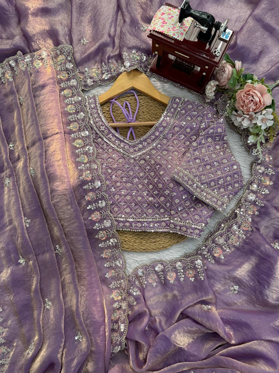 Fendy Silk Saree with Heavy Beads, Thread & Sequins Work