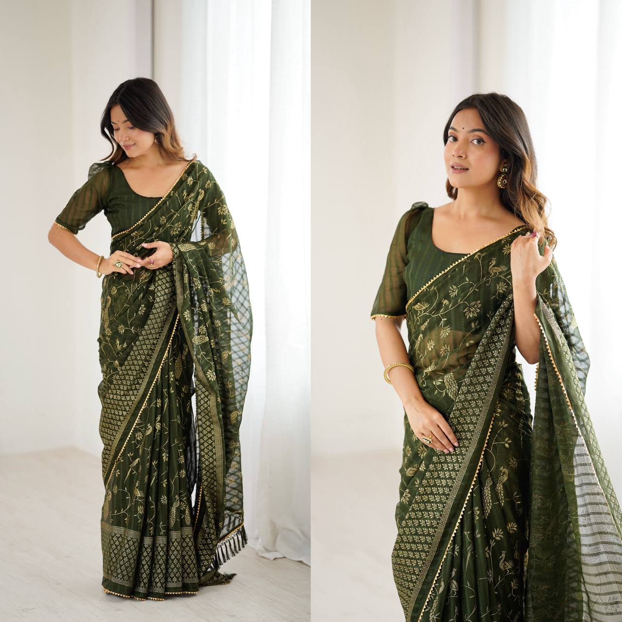 Georgette Silk Plain Saree with Foil Work & Zalar Lace Border