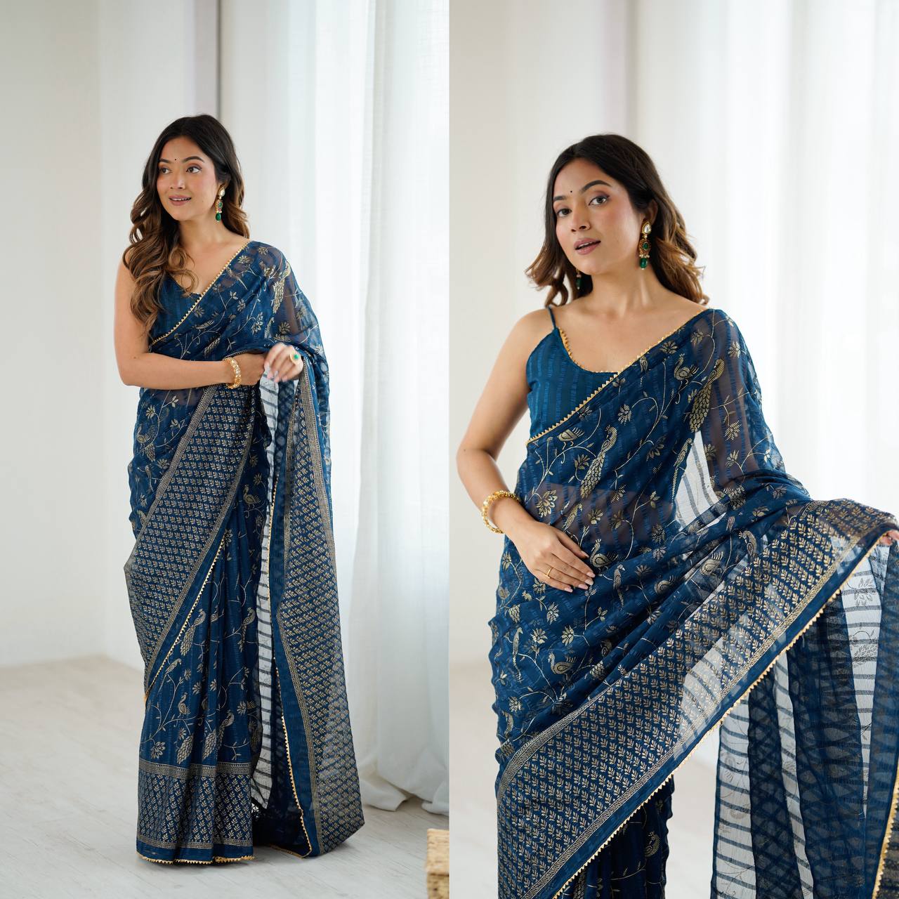 Georgette Silk Plain Saree with Foil Work & Zalar Lace Border
