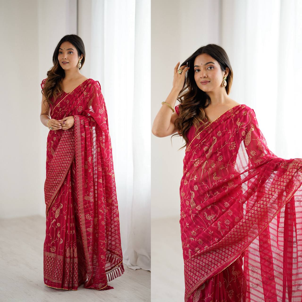 Georgette Silk Plain Saree with Foil Work & Zalar Lace Border