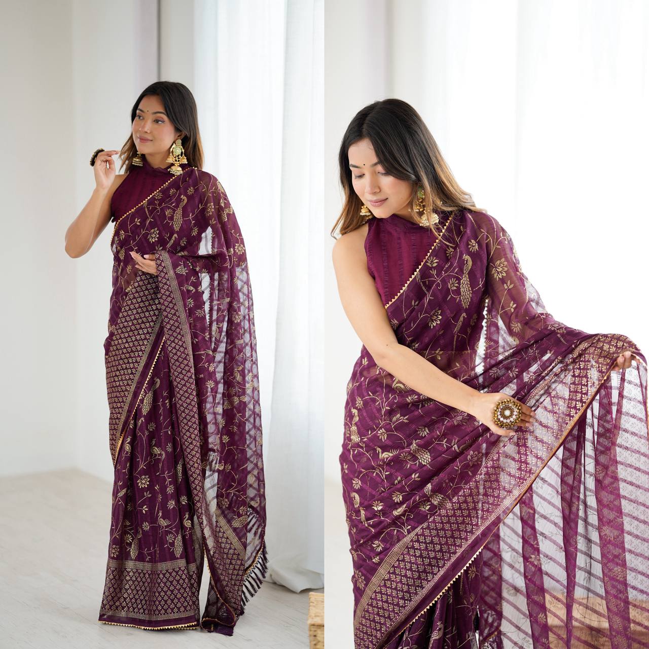 Georgette Silk Plain Saree with Foil Work & Zalar Lace Border