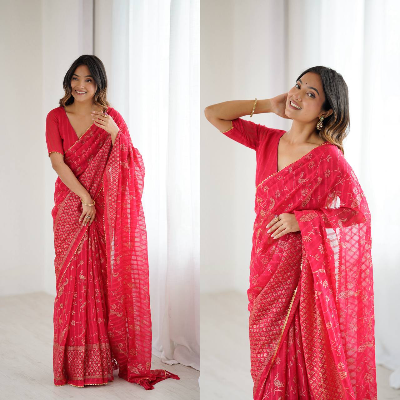 Georgette Silk Plain Saree with Foil Work & Zalar Lace Border