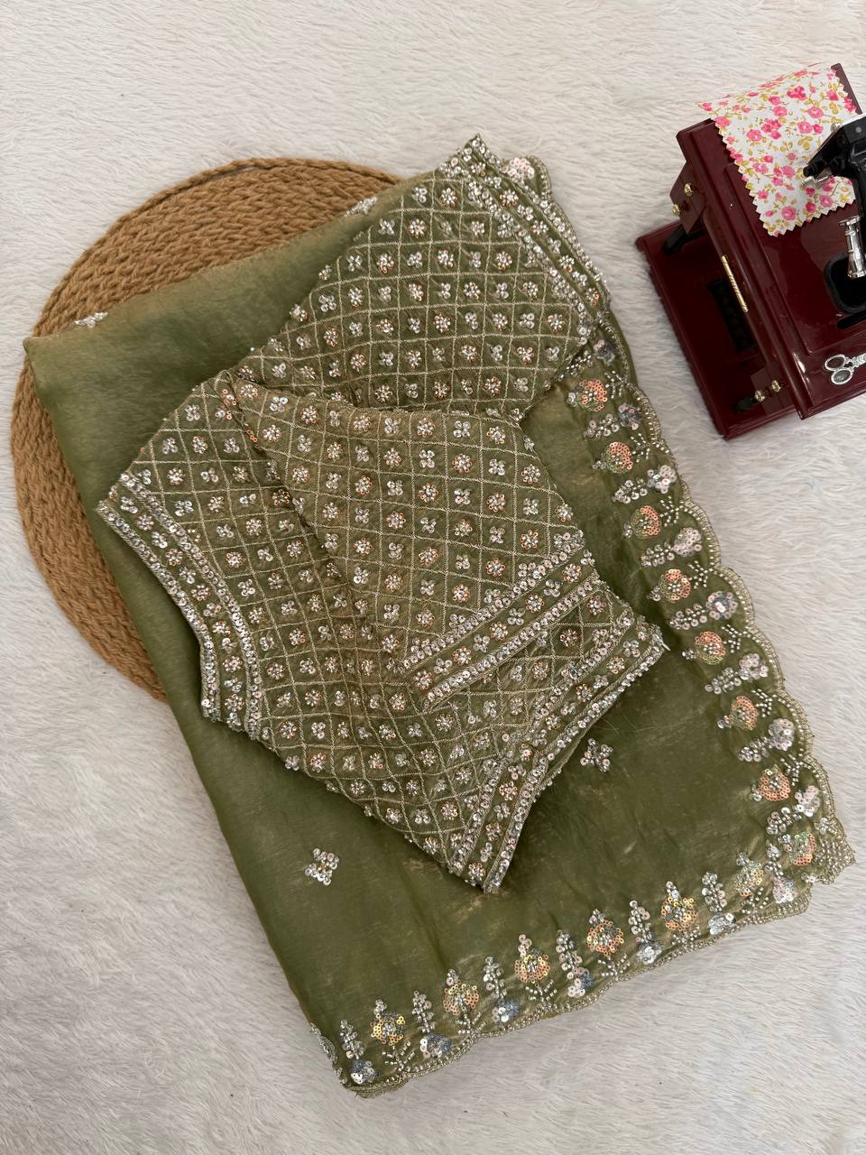 Fendy Silk Saree with Heavy Beads, Thread & Sequins Work