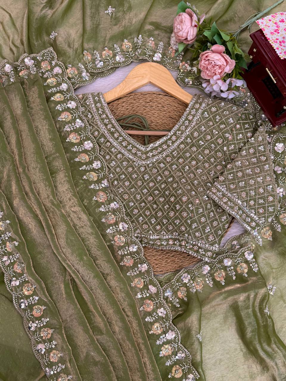 Fendy Silk Saree with Heavy Beads, Thread & Sequins Work