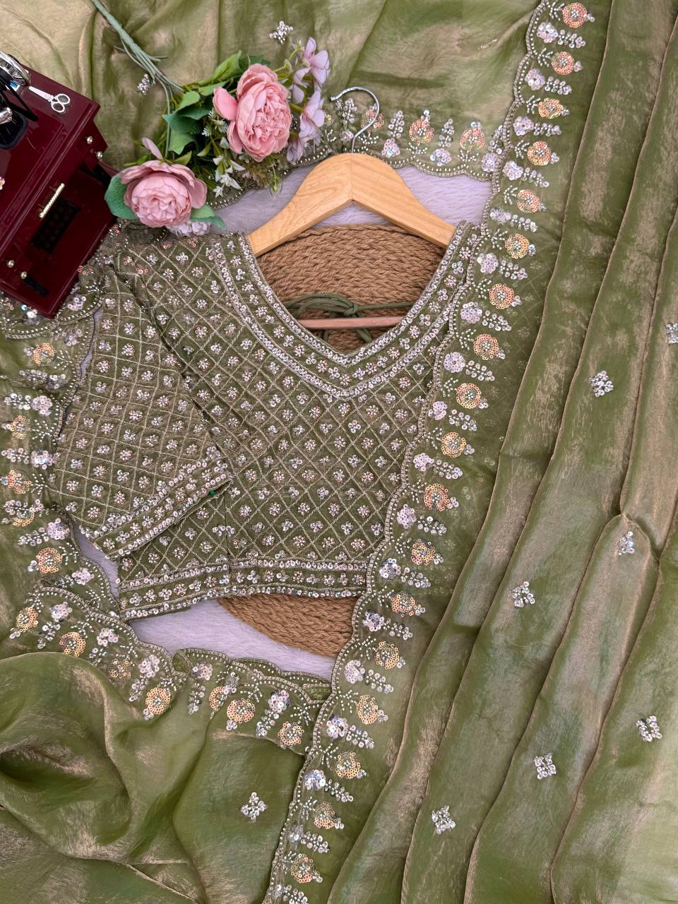 Fendy Silk Saree with Heavy Beads, Thread & Sequins Work