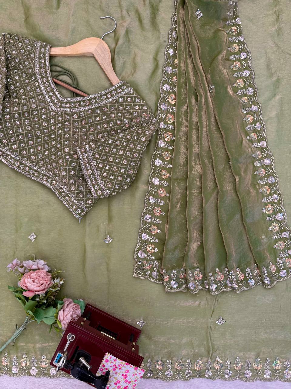 Fendy Silk Saree with Heavy Beads, Thread & Sequins Work