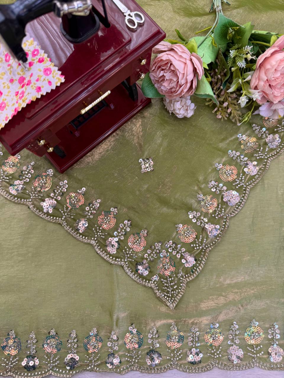 Fendy Silk Saree with Heavy Beads, Thread & Sequins Work