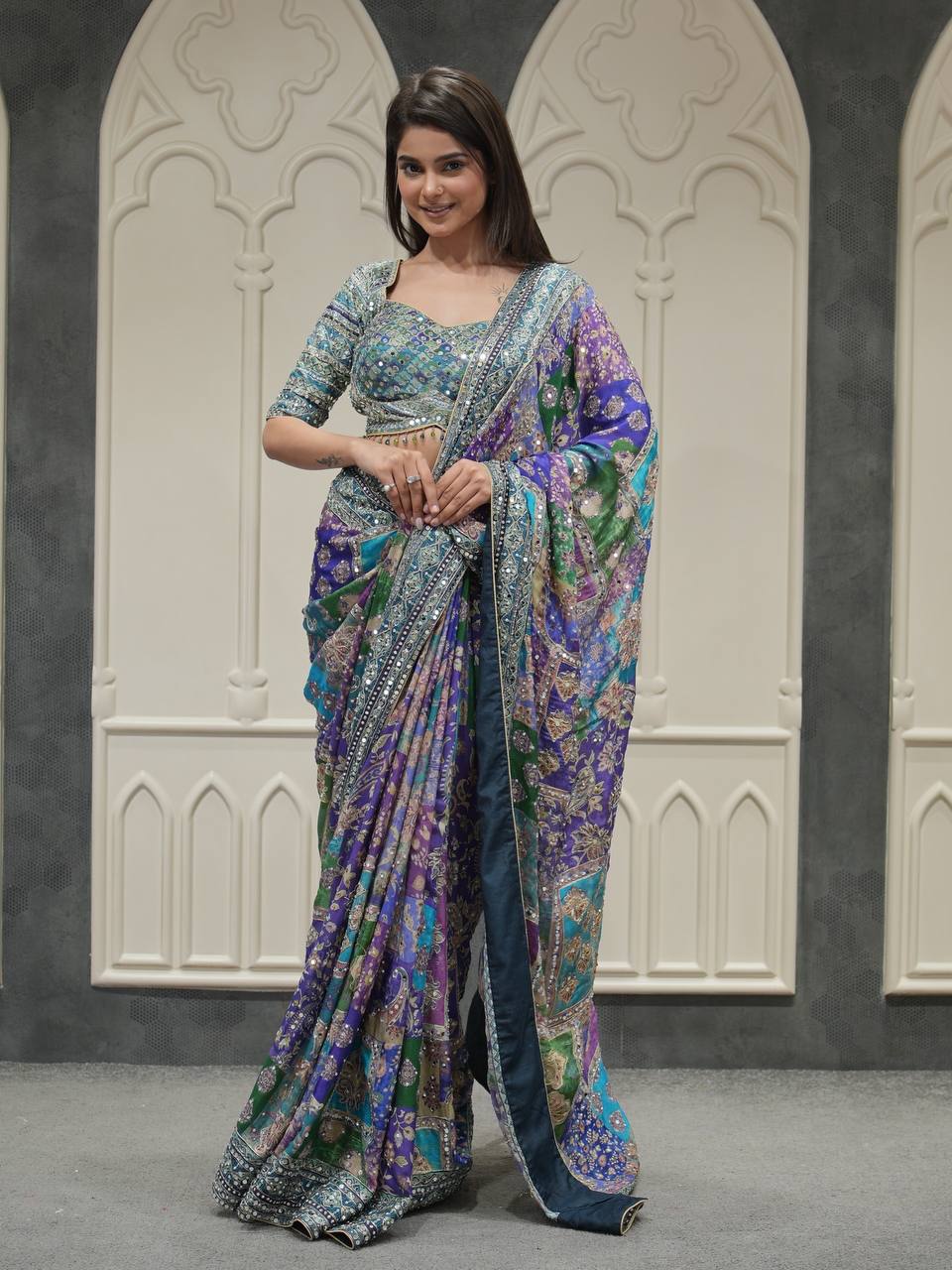Premium Soft Chinnon Printed Saree with Gold Zari & Real Mirror Work