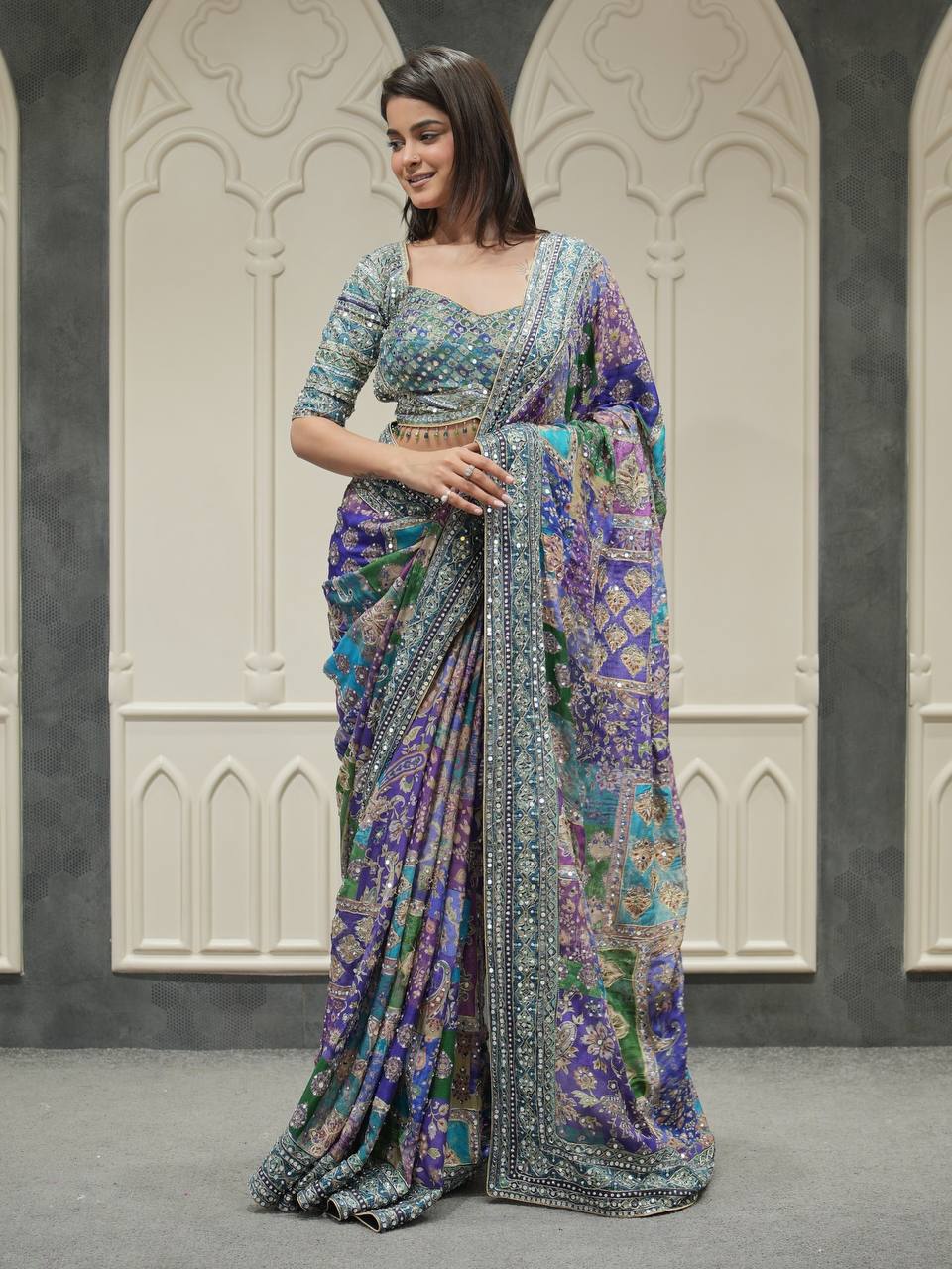 Premium Soft Chinnon Printed Saree with Gold Zari & Real Mirror Work