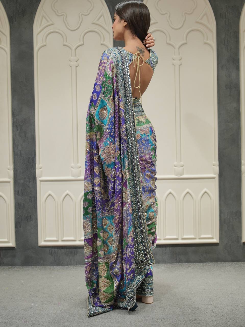 Premium Soft Chinnon Printed Saree with Gold Zari & Real Mirror Work