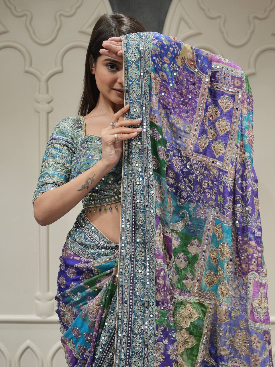 Premium Soft Chinnon Printed Saree with Gold Zari & Real Mirror Work