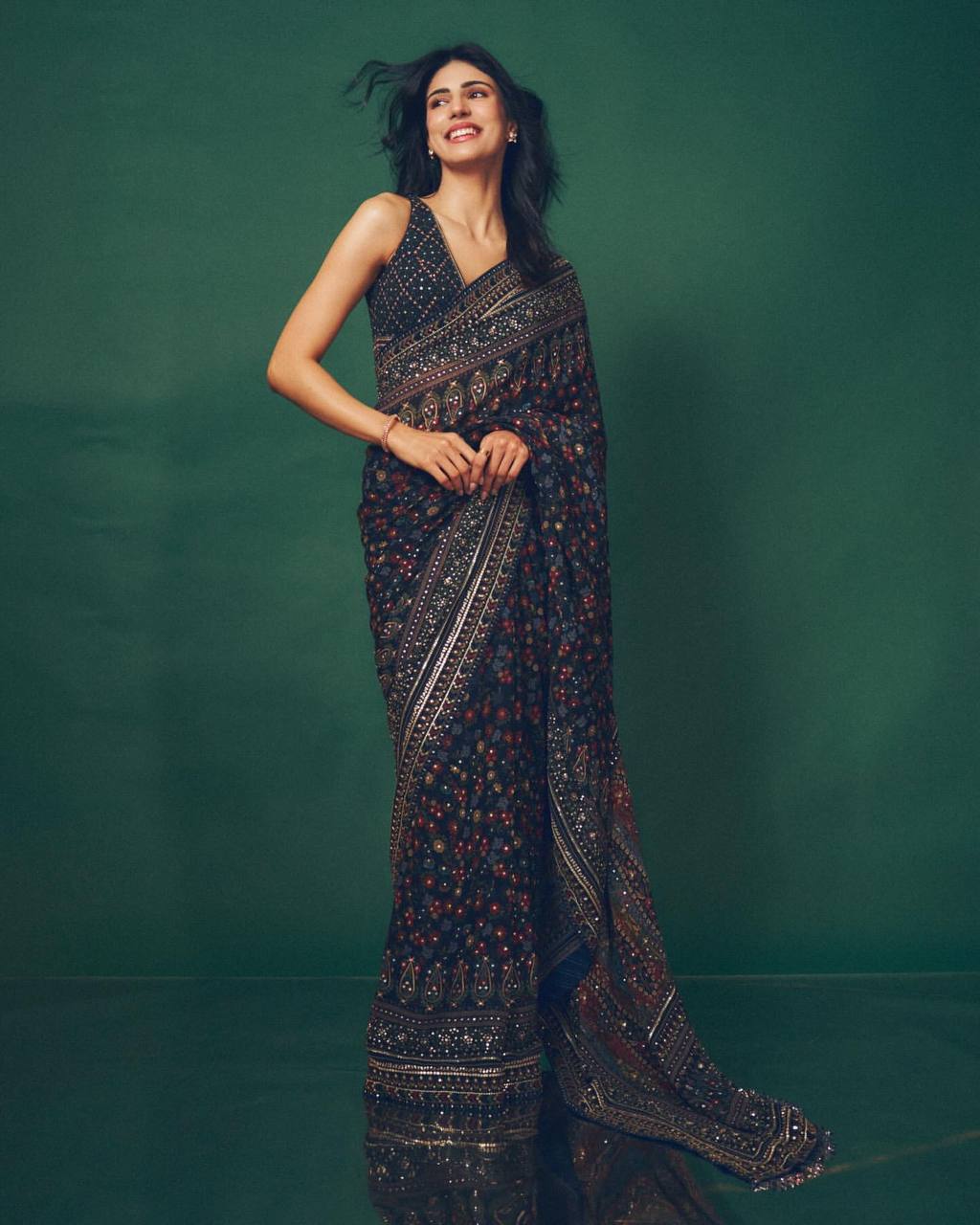 Premium Pure Georgette Printed Saree with Sequins & Diamond Work with Embroidered Blouse