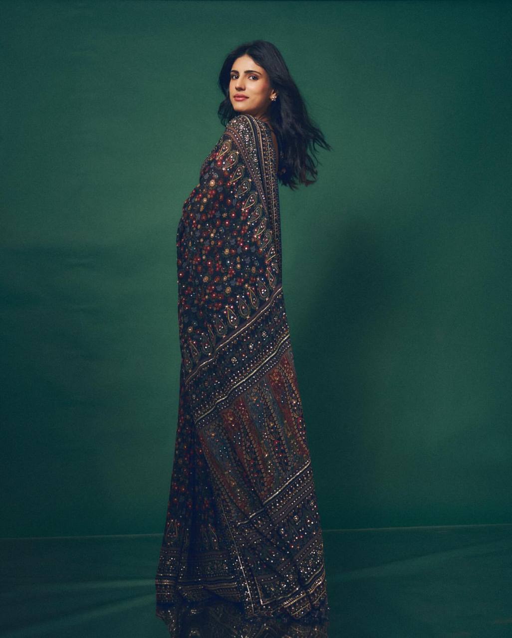 Premium Pure Georgette Printed Saree with Sequins & Diamond Work with Embroidered Blouse