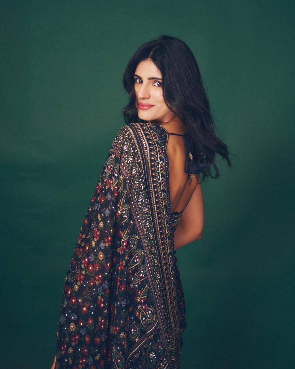 Premium Pure Georgette Printed Saree with Sequins & Diamond Work with Embroidered Blouse
