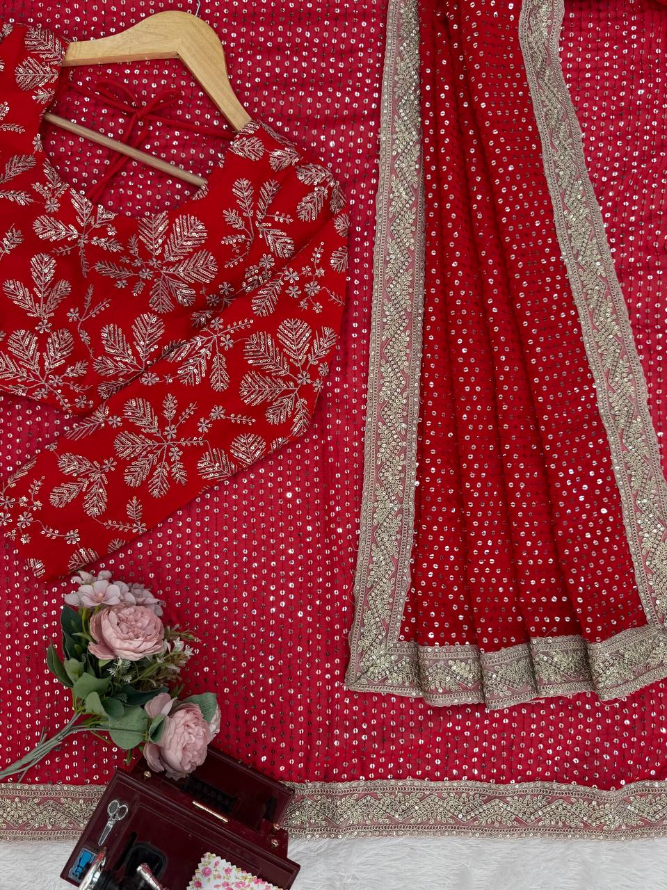 Faux Blooming Georgette Saree with Intricate Coding, Thread & Sequins Work