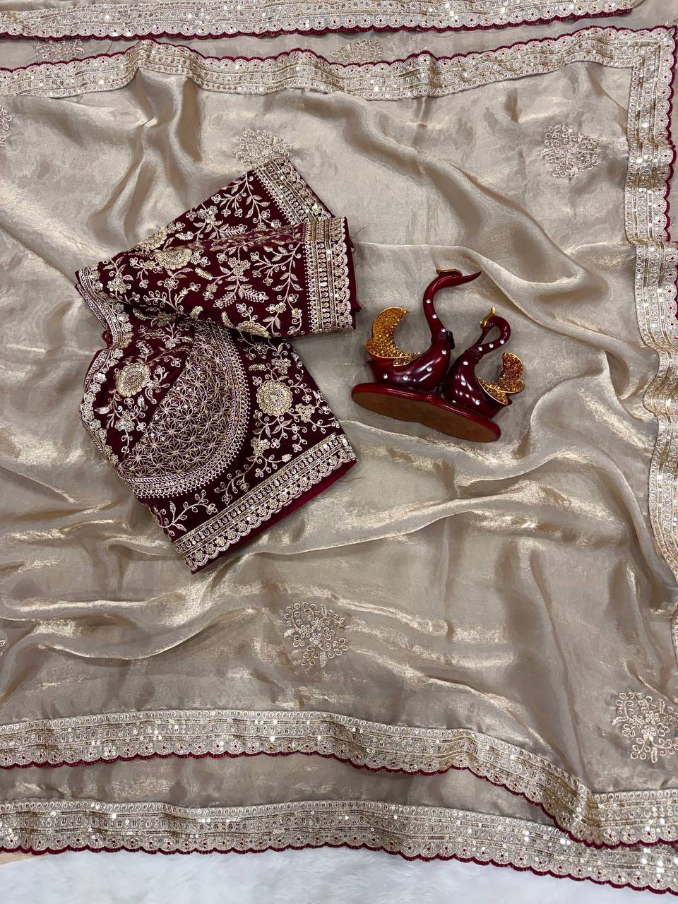 Premium Soft Frendy Satin Saree with Sequins & Zari Embroidery Work (Full Stitch Blouse Up to 44)