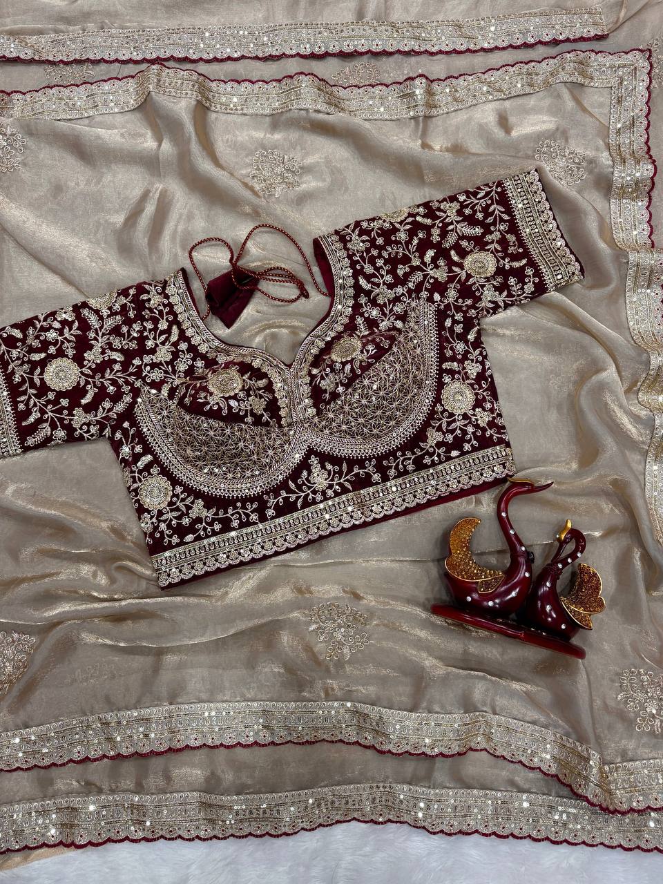 Premium Soft Frendy Satin Saree with Sequins & Zari Embroidery Work (Full Stitch Blouse Up to 44)