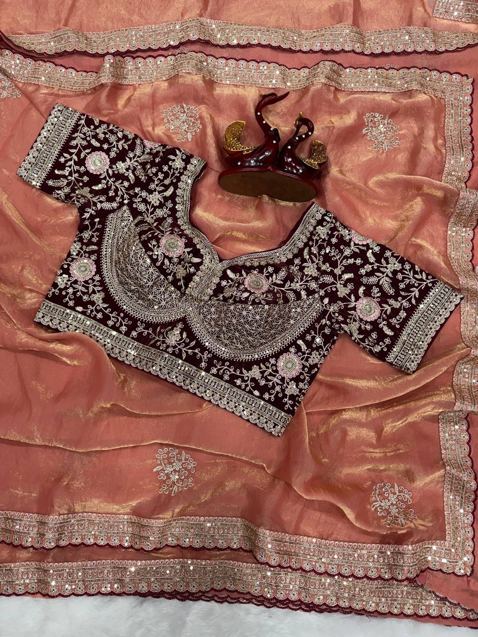 Premium Soft Frendy Satin Saree with Sequins & Zari Embroidery Work (Full Stitch Blouse Up to 44)
