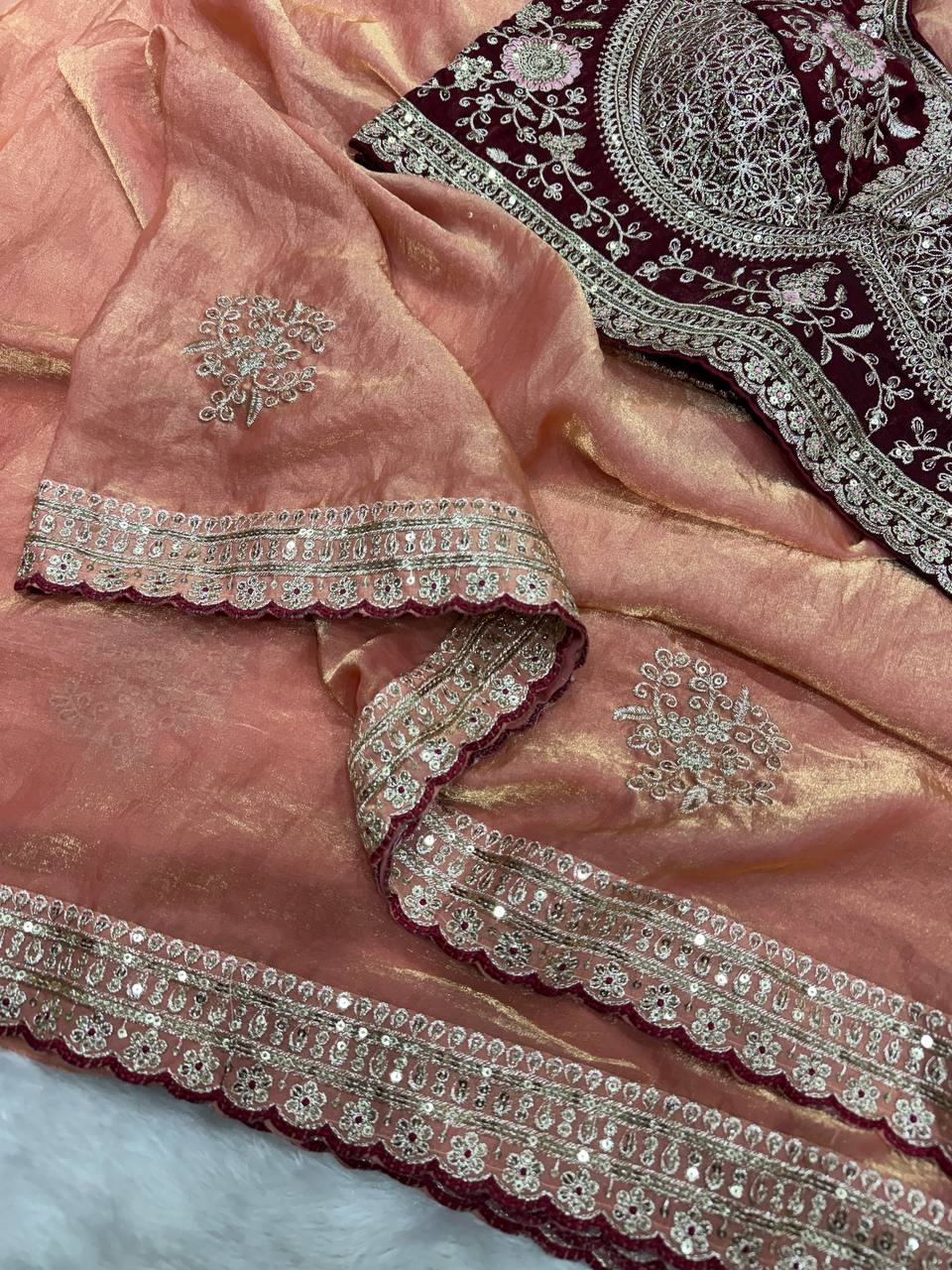Premium Soft Frendy Satin Saree with Sequins & Zari Embroidery Work (Full Stitch Blouse Up to 44)