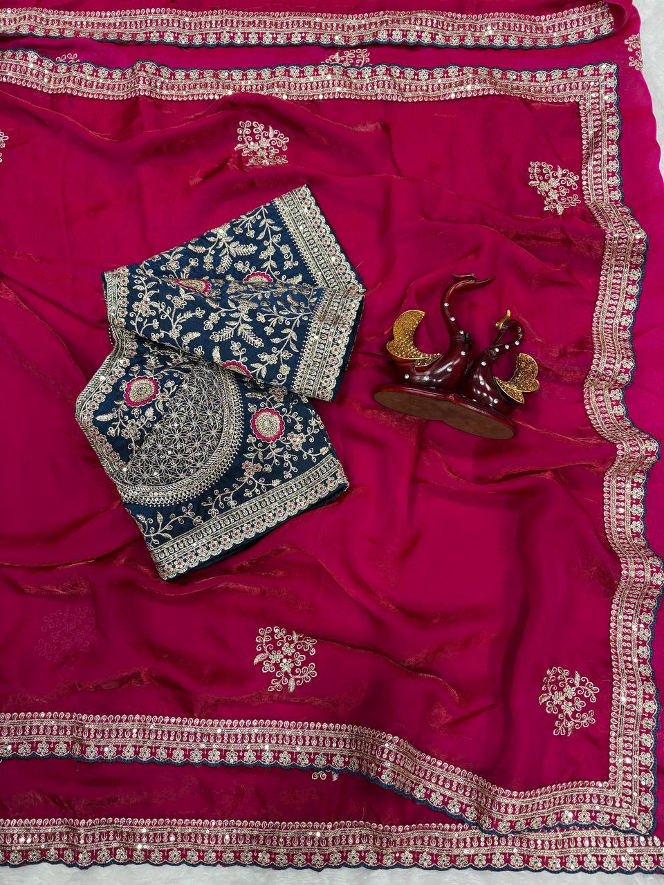 Premium Soft Frendy Satin Saree with Sequins & Zari Embroidery Work (Full Stitch Blouse Up to 44)