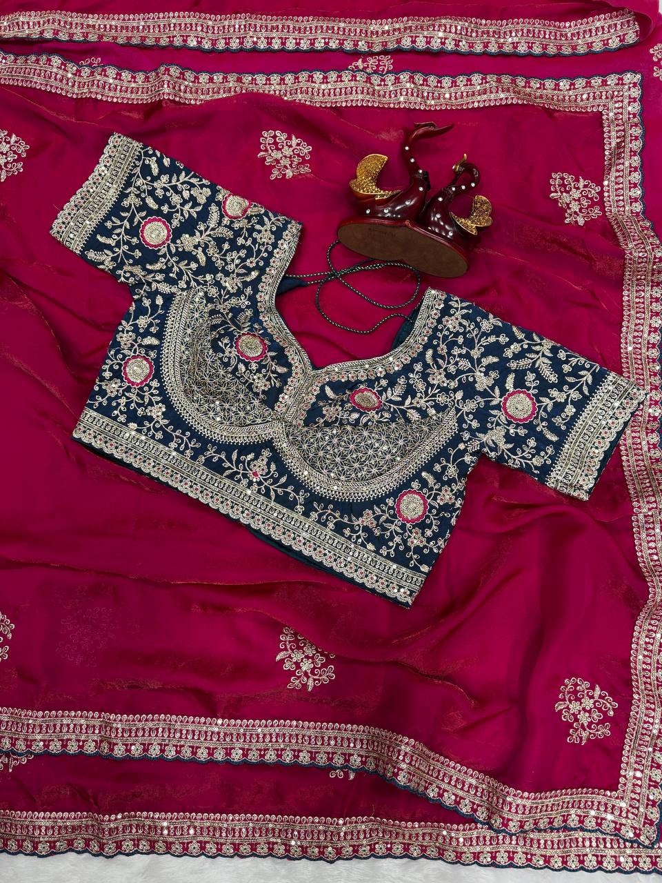Premium Soft Frendy Satin Saree with Sequins & Zari Embroidery Work (Full Stitch Blouse Up to 44)