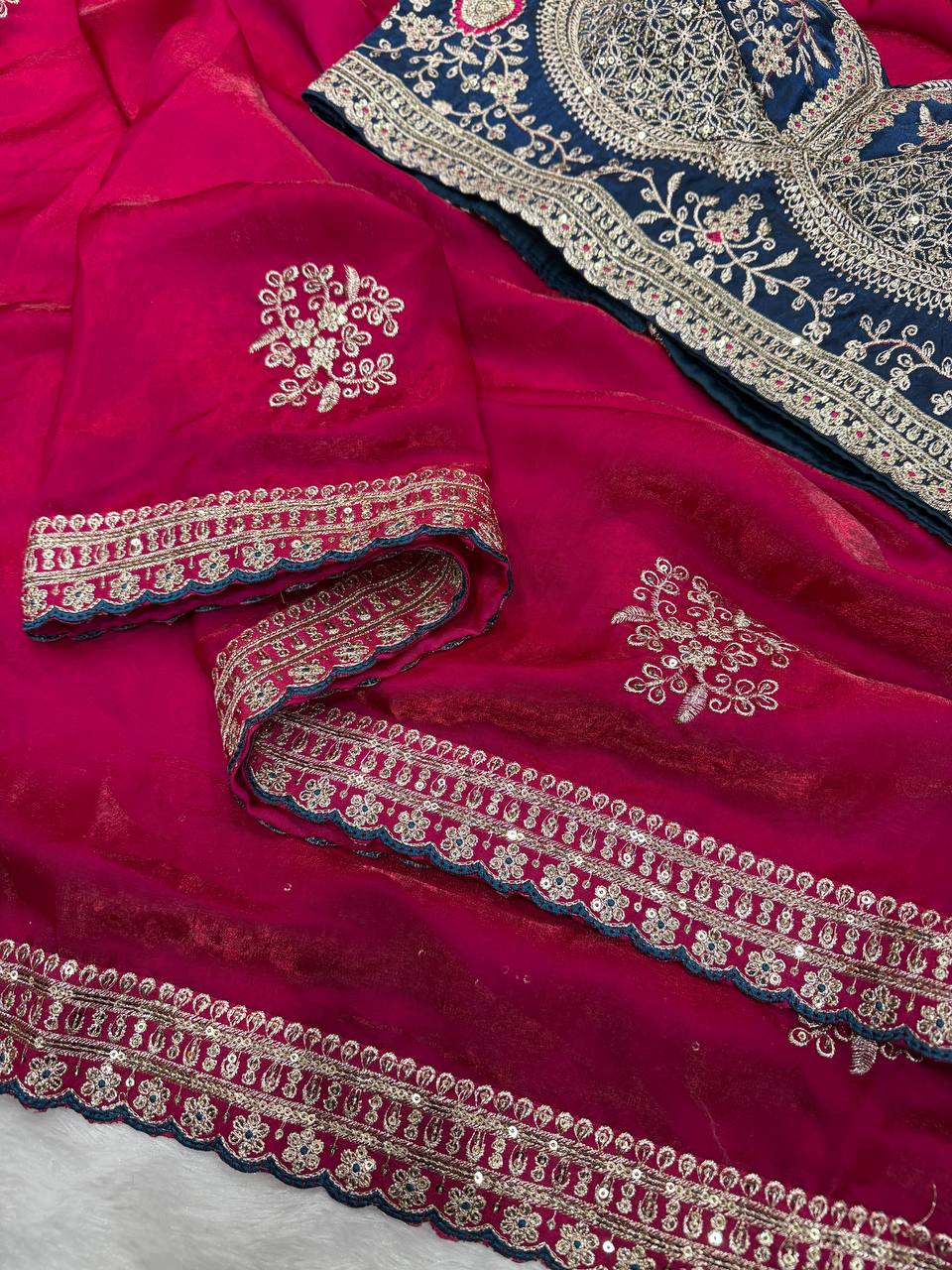 Premium Soft Frendy Satin Saree with Sequins & Zari Embroidery Work (Full Stitch Blouse Up to 44)