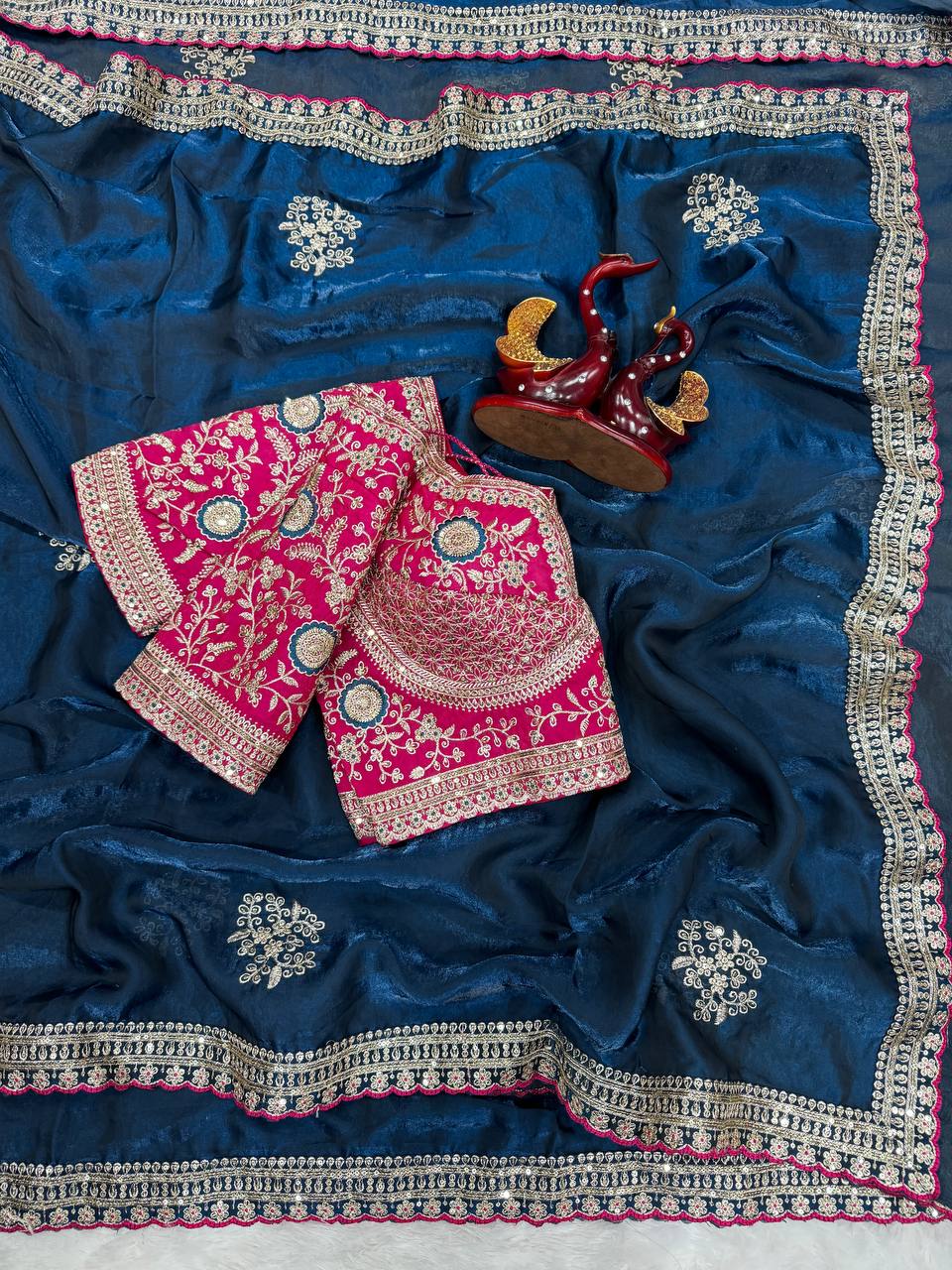 Premium Soft Frendy Satin Saree with Sequins & Zari Embroidery Work (Full Stitch Blouse Up to 44)