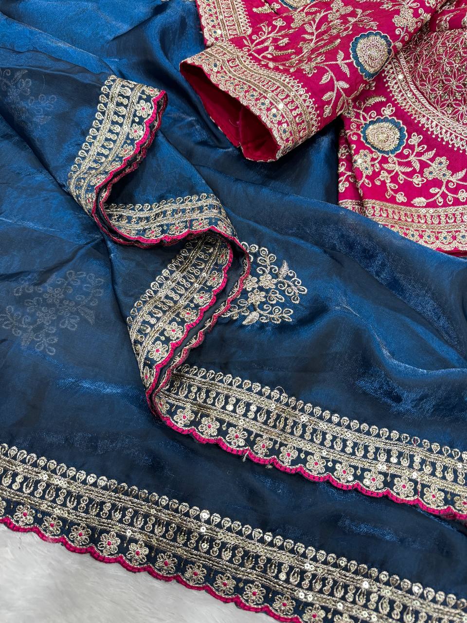 Premium Soft Frendy Satin Saree with Sequins & Zari Embroidery Work (Full Stitch Blouse Up to 44)