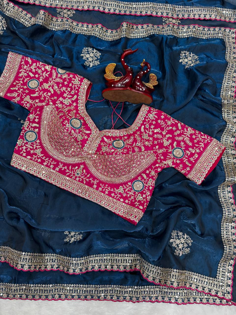 Premium Soft Frendy Satin Saree with Sequins & Zari Embroidery Work (Full Stitch Blouse Up to 44)