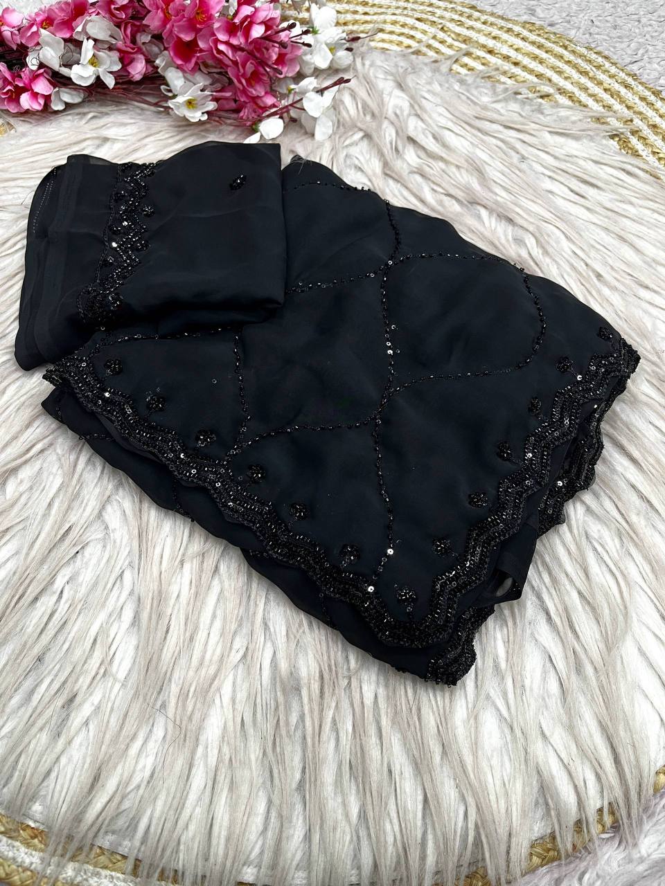 Premium Georgette Saree with Sequins & Brits Work C-Pallu and Arco Border