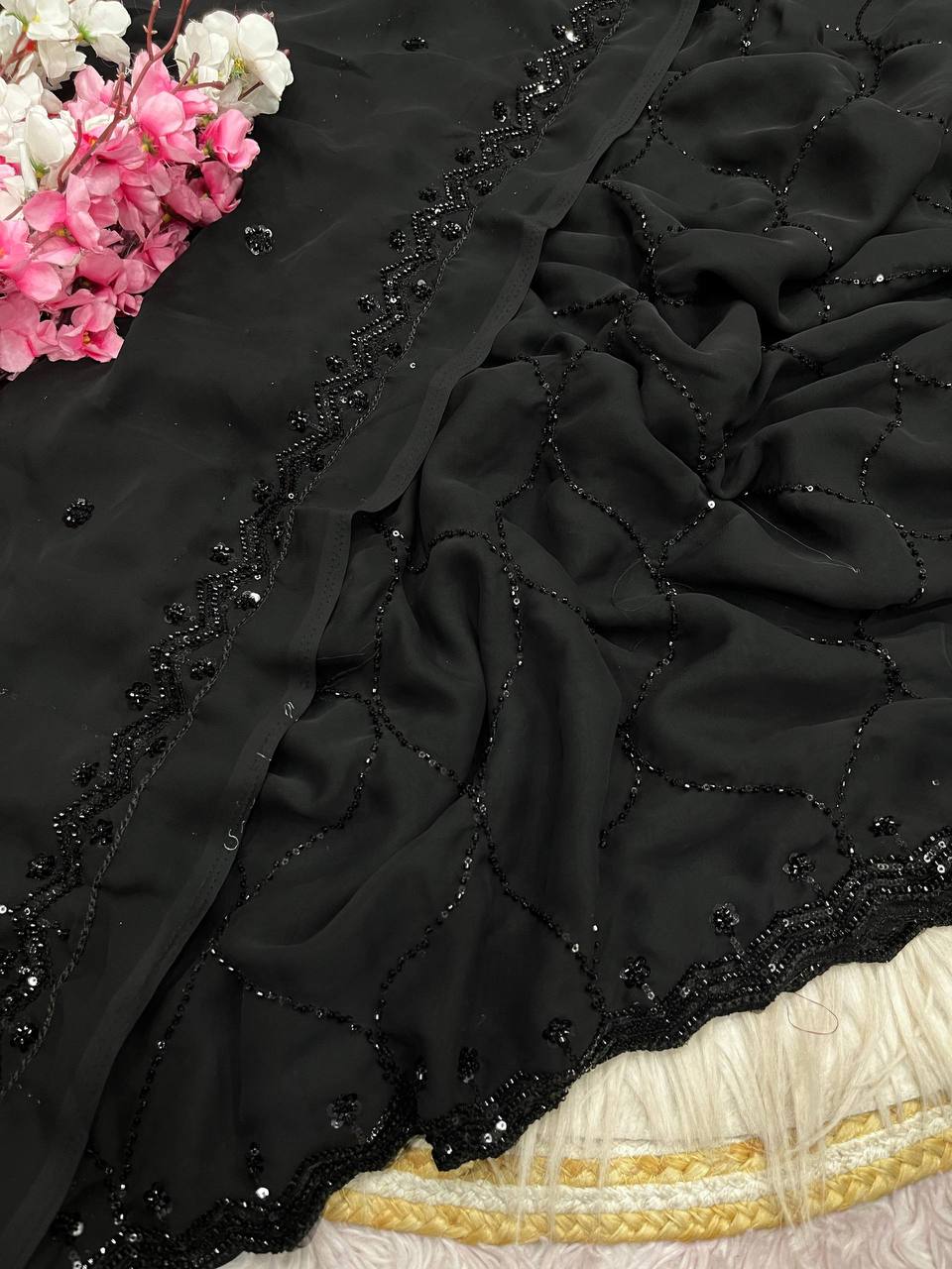 Premium Georgette Saree with Sequins & Brits Work C-Pallu and Arco Border